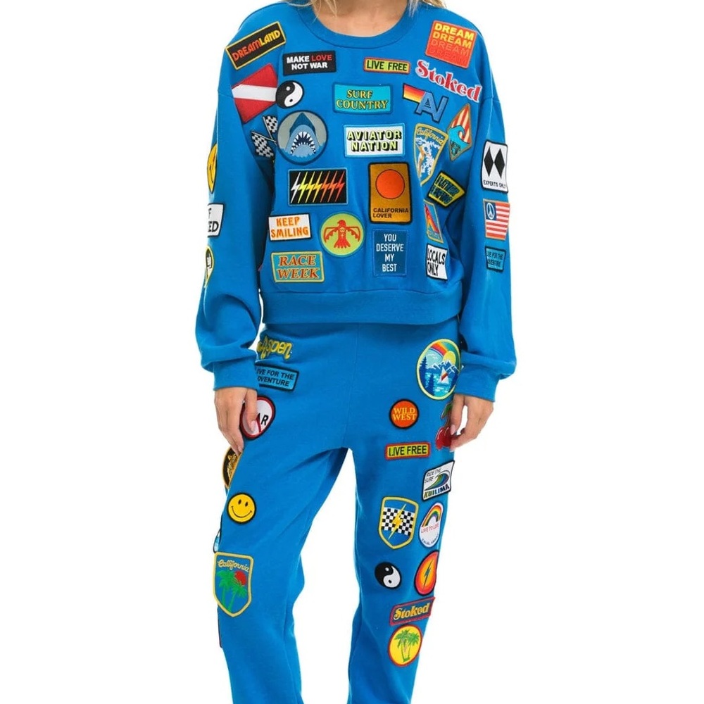 Aviator Nation Bright Blue Patchwork Patch Sweats… - image 2